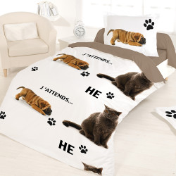 Housse de couette 140 x 200 + 1 Taie 65 cm JESSE Chien et Chat 100%  Coton