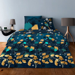 Parure de draps  pour lit de 160 x 200 cm  4 PIECES GINKGO BLEU Coton 57 fils supérieur