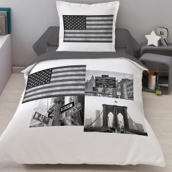 Housse de couette 140 x 200 + 1 Taie TIMES SQUARE NEW YORK USA coton