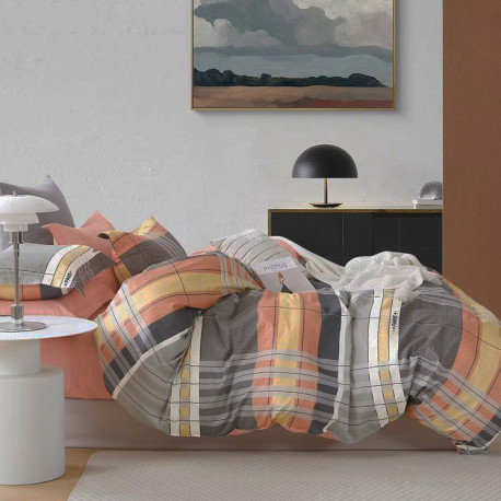 Housse de couette  240 x 220 cm +2 Taies A-23-09 Taupe Saumon véritable Percale de Coton en déstockage