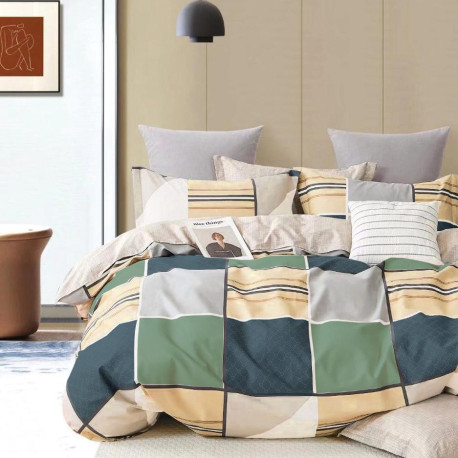 Parure de draps CARREAUX vert pour lit de 140 x190 cm  4 Pièces en déstockage